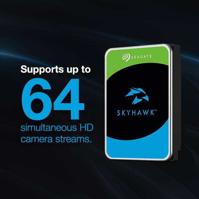 Soporte para hasta 64 transmisiones simultáneas de cámaras HD. Se muestra un disco duro Seagate SkyHawk.