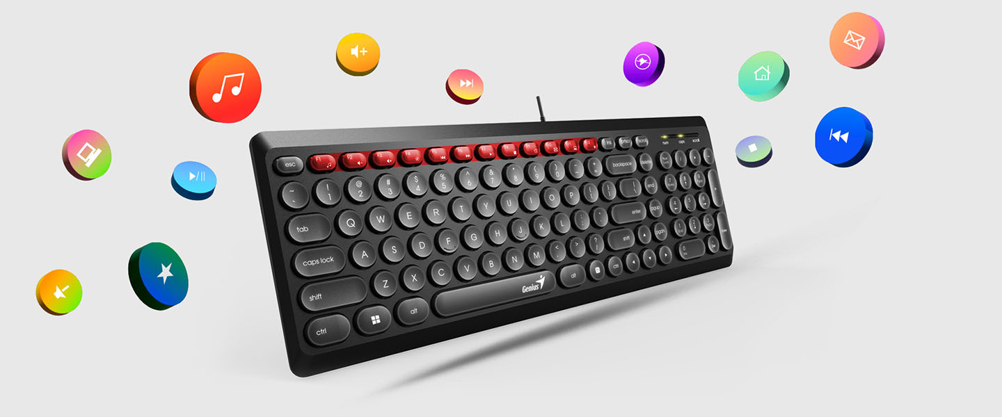 Teclado Genius SlimStar Q200 USB Negro con teclas redondas y cable conectado, flotando sobre un fondo gris claro, con íconos de aplicaciones multicolores dispersos alrededor.