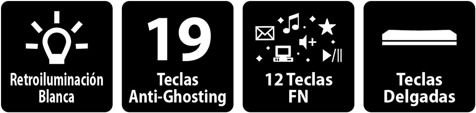 Cuatro íconos de características: luz para Retroiluminación Blanca, número 19 para 19 Teclas Anti-Ghosting, íconos multimedia para 12 Teclas FN, y forma para Teclas Delgadas.