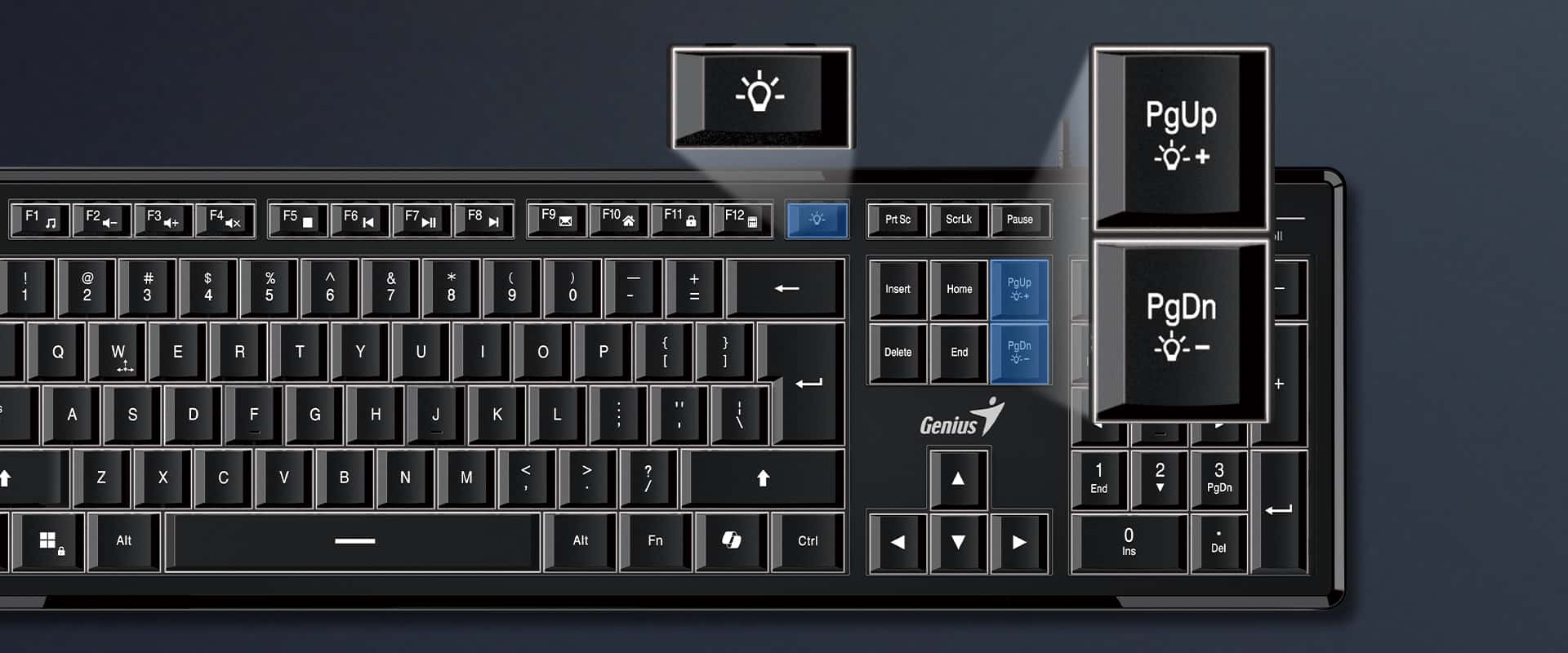 Teclado Genius Slimstar 820 mostrando las teclas AvPág y RePág con íconos para ajustar el brillo de la retroiluminación.