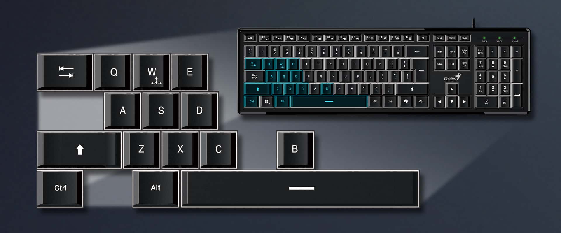 Teclado Genius Slimstar 820 con teclas Q, W, E, A, S, D, Z, X, C, Shift, Ctrl, Alt, Espacio y B destacadas por su función anti-ghosting.