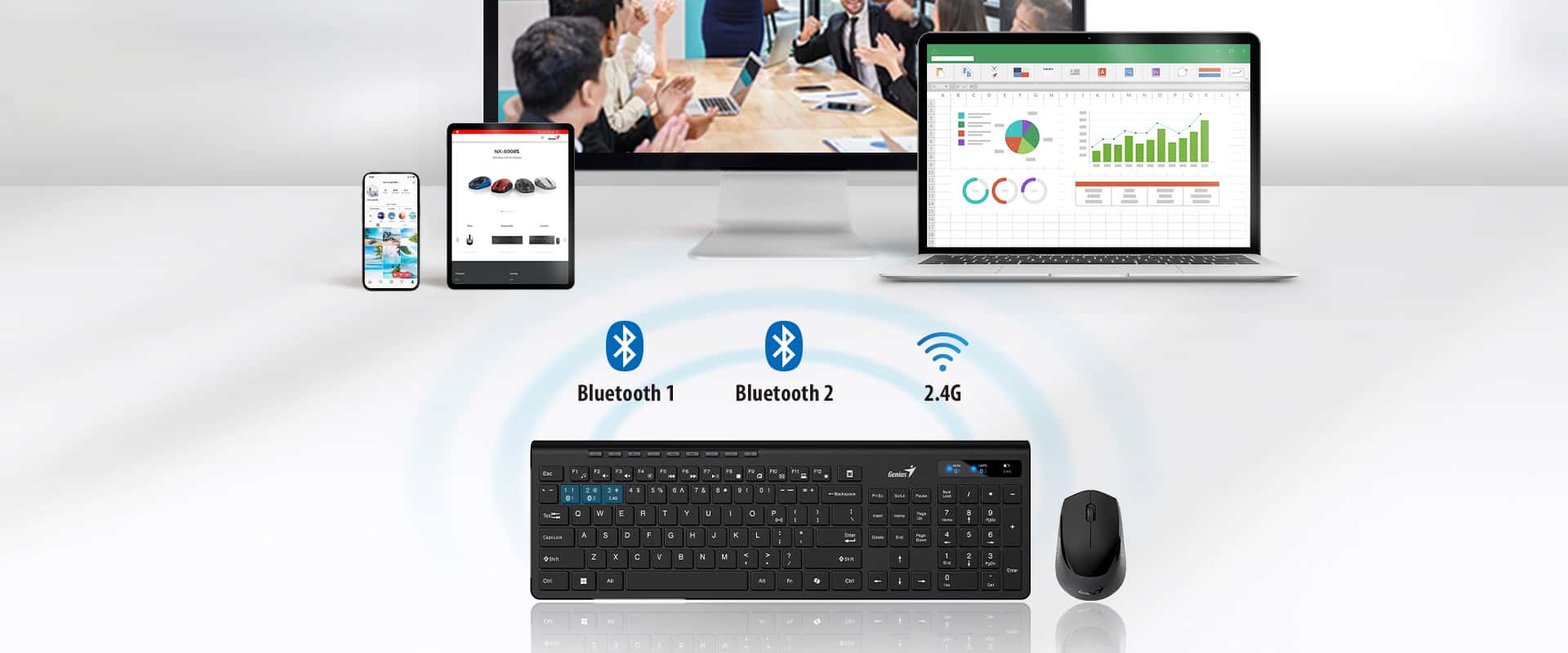 Combo Genius SlimStar 8230 conectado a smartphone, tablet, monitor y notebook mediante Bluetooth 1, Bluetooth 2 y 2.4G