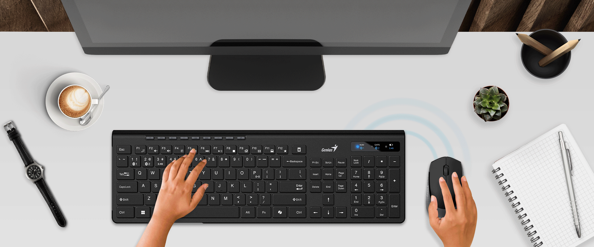 Teclado y mouse Genius SlimStar 8230 con teclas multimedia, accesos rápidos, indicador de batería baja y conectividad Bluetooth 5.3 y 2.4GHz
