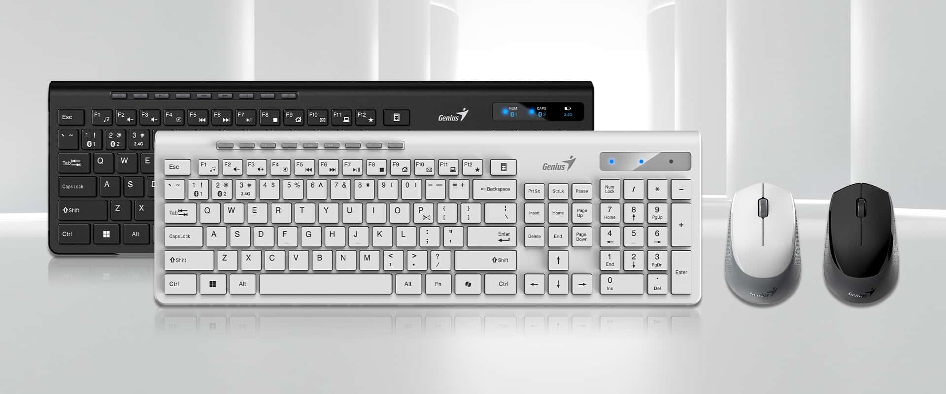 Combo Genius SlimStar 8230 en colores blanco y negro con teclado completo y mouse inalámbrico sobre fondo claro