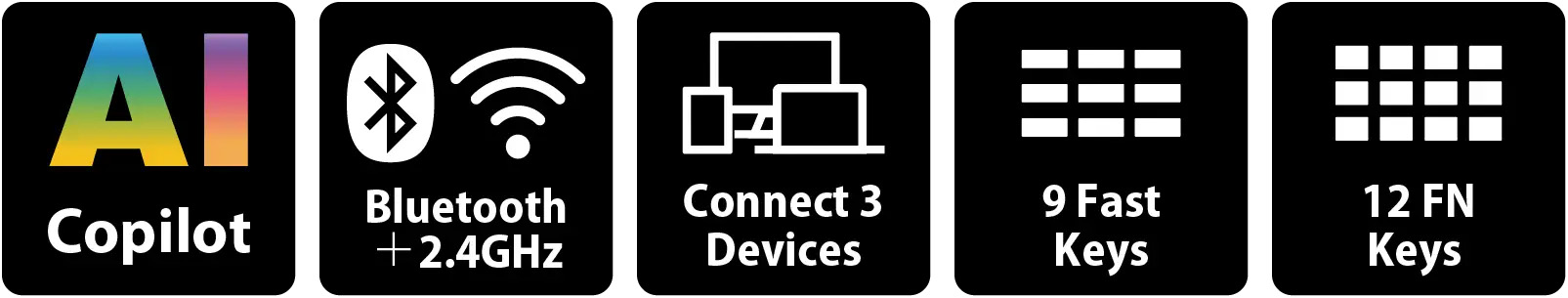 Íconos de funciones del Genius SlimStar 8230 con AI Copilot, Bluetooth y 2.4GHz, conexión a 3 dispositivos, 9 teclas rápidas y 12 teclas FN