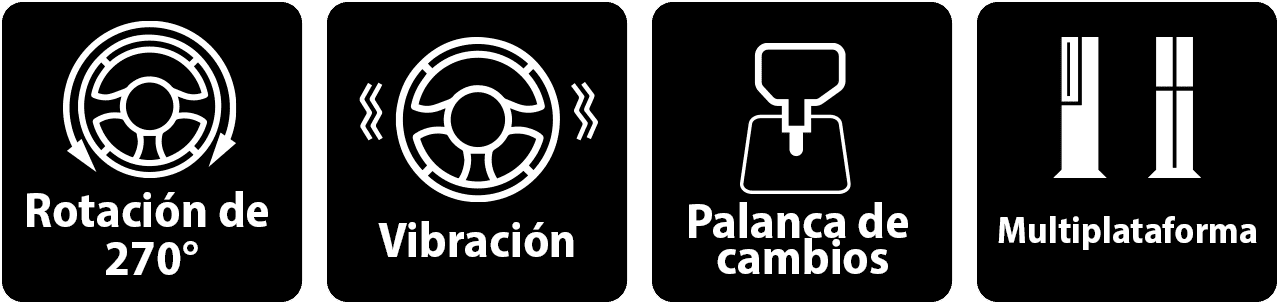 Cuatro iconos blancos sobre fondo negro con las características principales del volante. Iconos de izquierda a derecha: Volante con flechas que indican rotación y texto Rotación de 270°; Volante con ondas que indican Vibración y texto Vibración; Palanca de cambios y texto Palanca de cambios; Dos consolas de juegos y texto Multiplataforma.