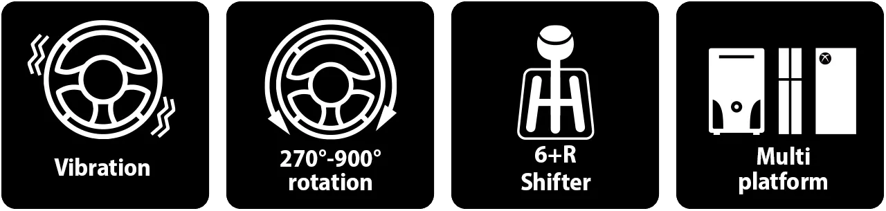 Iconos destacando las características del Genius SpeedMaster X1: Vibración, rotación de 270 a 900 grados, palanca de cambios 6 más reversa (6+R) y multiplataforma (compatibilidad con consolas)