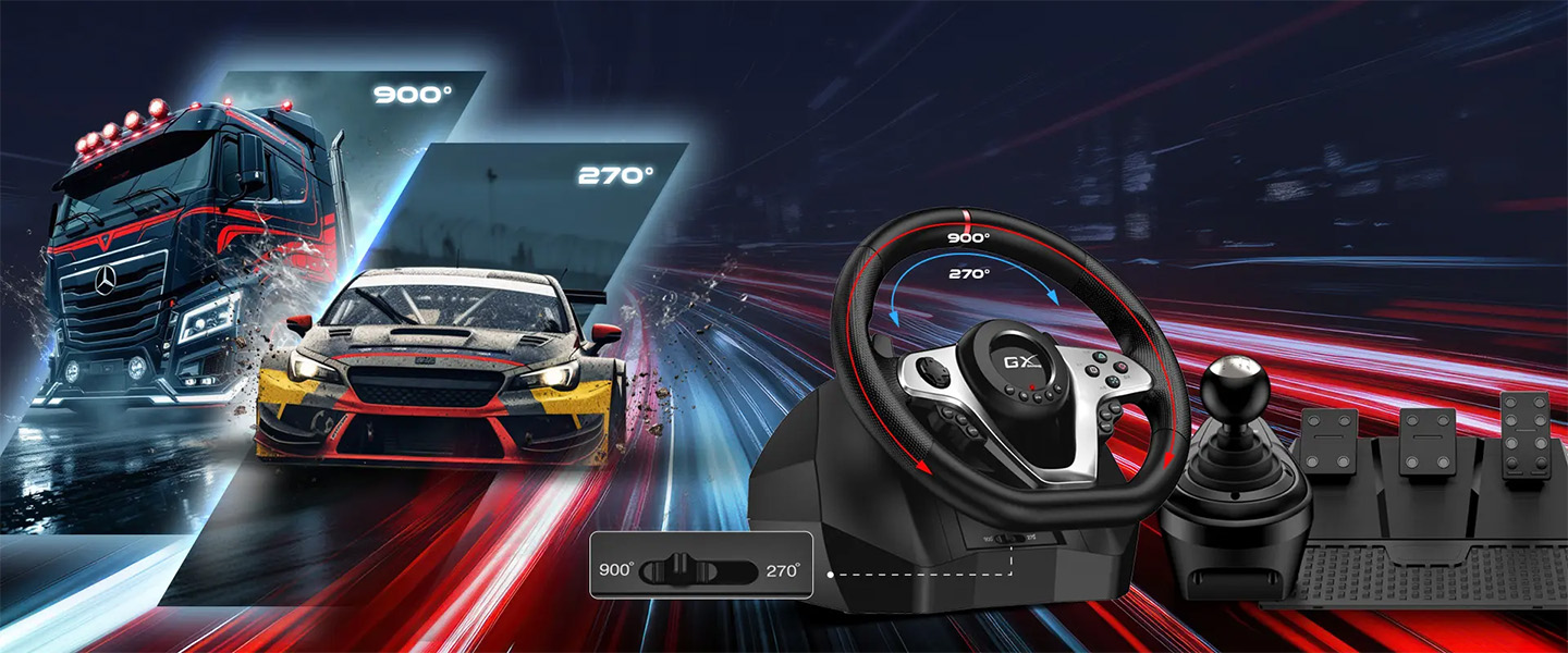 Representación visual del volante Genius SpeedMaster X1 y sus capacidades de rotación de 900 y 270 grados en simuladores de carreras y camiones con el pedal y la palanca de cambios incluidos