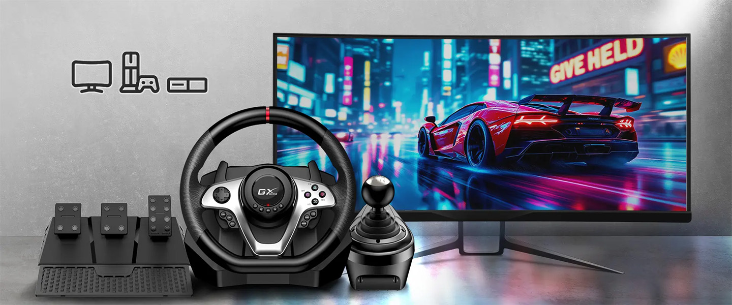 Vista frontal del Genius SpeedMaster X1 mostrando el volante la pedalera y la palanca de cambios con un monitor mostrando un auto deportivo en una calle de ciudad