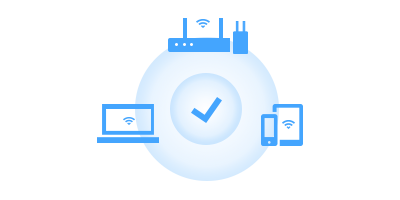 Un diagrama azul sobre un fondo gris que muestra un router con antenas y un extensor de rango, ambos emitiendo una señal inalámbrica que cubre una laptop a la izquierda y un teléfono inteligente a la derecha. Un óvalo semitransparente representa la cobertura de la red, con una marca de verificación azul en el centro, indicando una conexión exitosa a todos los dispositivos.