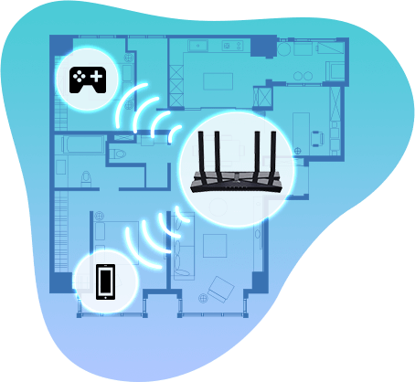 Un plano de planta de una casa en tonos azules sobre un fondo gris, con un router inalámbrico negro con cuatro antenas verticales ubicado centralmente. Ondas blancas de Wi-Fi emanan del router, alcanzando un ícono de joystick dentro de un círculo blanco en la esquina superior izquierda y un ícono de teléfono inteligente dentro de un círculo blanco en la esquina inferior izquierda. Un degradado celeste y azul rodea el plano de planta.