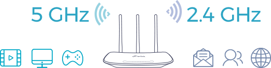 Un router inalámbrico negro con tres antenas verticales, rodeado de íconos azules que representan video, un monitor de computadora, un joystick de videojuegos a la izquierda, y un sobre, dos figuras humanas y un globo terráqueo a la derecha. Arriba del router, a la izquierda, se lee 5 GHz con un símbolo de Wi-Fi, y a la derecha, 2.4 GHz también con un símbolo de Wi-Fi