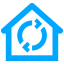 Un ícono azul que representa el contorno de una casa. Dentro de la casa hay un círculo formado por dos flechas curvas que apuntan en direcciones opuestas, sugiriendo un ciclo o rotación.