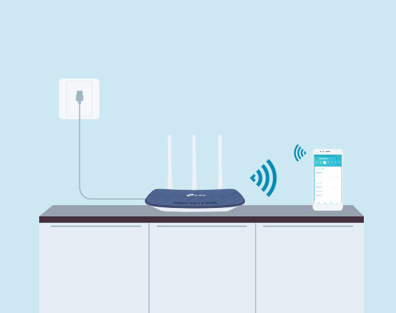 Modo Router: Un dibujo estilizado que muestra un router inalámbrico TP-Link azul y blanco con tres antenas blancas sobre un mueble oscuro con puertas blancas. El router está conectado a un enchufe blanco en una pared celeste. Ondas azules de Wi-Fi emanan del router hacia un teléfono inteligente blanco que muestra una interfaz de aplicación.