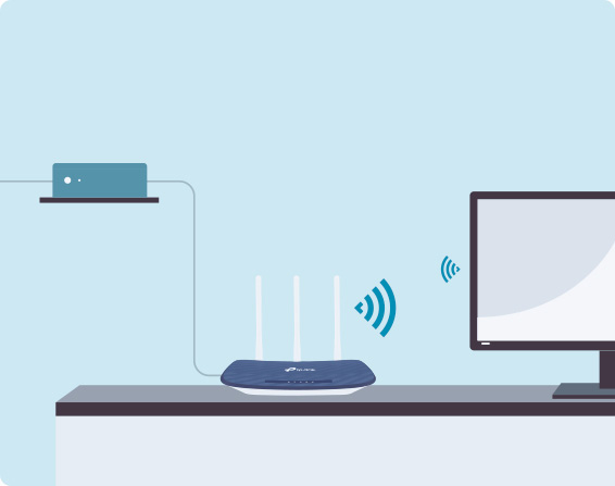 Modo Punto de Acceso: Un dibujo estilizado que muestra un router inalámbrico TP-Link azul y blanco con tres antenas blancas sobre un escritorio oscuro con una superficie blanca. El router está conectado por cable a un dispositivo azul más pequeño ubicado en un estante sobre el escritorio. Ondas azules de Wi-Fi emanan del router hacia un monitor de computadora negro con una pantalla gris claro, ubicado a la derecha del router. La pared de fondo es celeste.