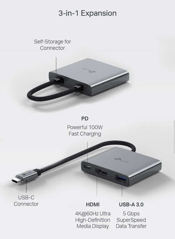 Vista de un adaptador TP-Link 3 en 1 con conexión USB-C, puerto HDMI 4K@60Hz, USB-A 3.0 a 5 Gbps y carga rápida de 100W.