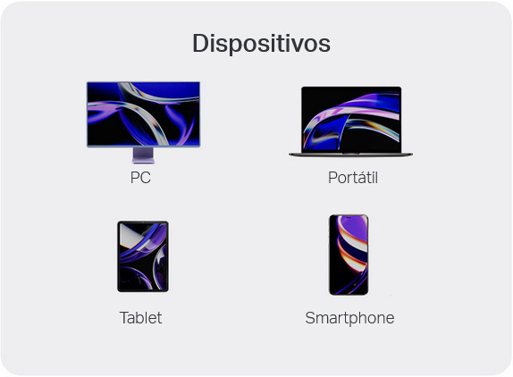 Ilustración de distintos dispositivos compatibles: PC, portátil, tablet y smartphone.