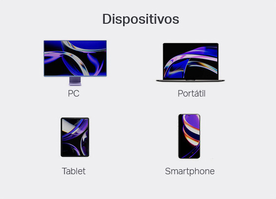 Ilustración de distintos dispositivos compatibles: PC, portátil, tablet y smartphone.