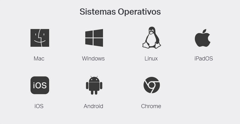 Ilustración de compatibilidad con sistemas operativos: Mac, Windows, Linux, iPadOS, iOS, Android y Chrome.