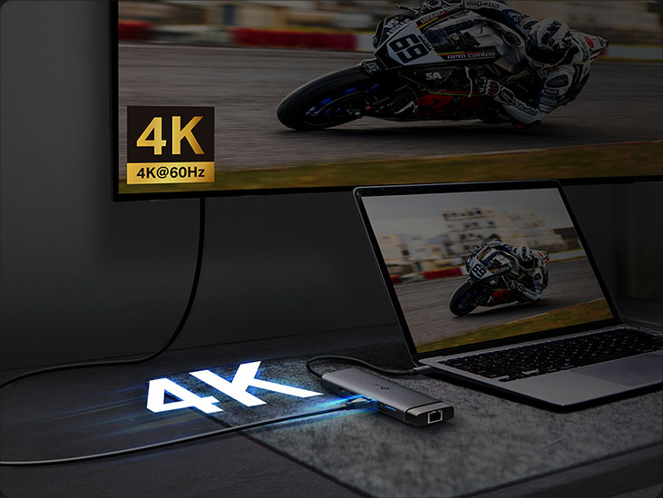 Visualización 4K a 60 Hz mediante salida HDMI del adaptador TP-Link conectado a una notebook.