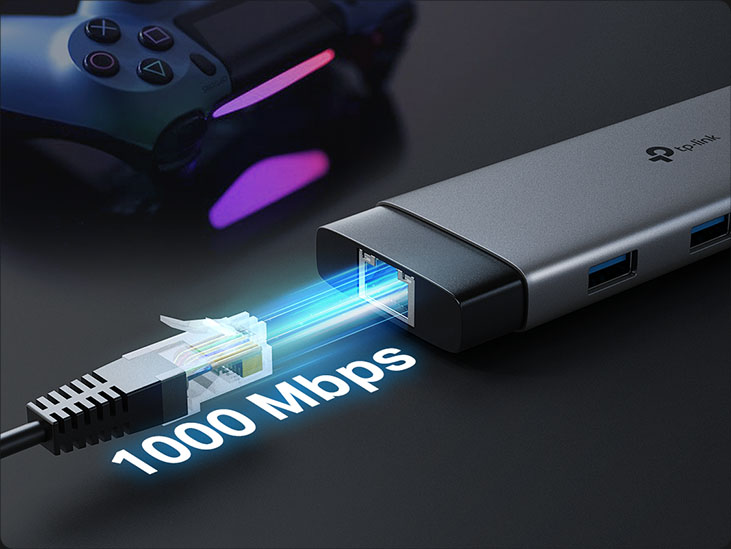 Conexión Ethernet a 1000 Mbps desde el adaptador TP-Link, ideal para juegos o conexión por cable.