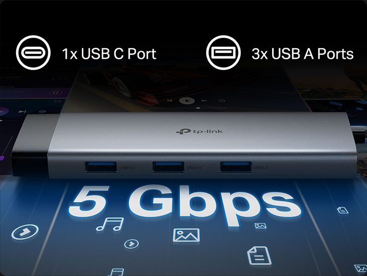 Adaptador TP-Link con 1 puerto USB-C y 3 puertos USB-A, ofreciendo transferencia de datos a 5 Gbps.