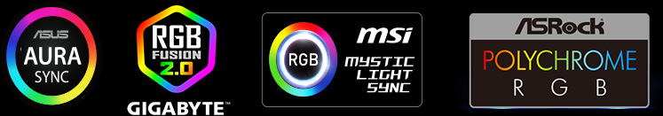ASUS AURA SYNC LOGO, GIGABYTE RGB FUSION READY LOGO, MSI MYSTIC LIGHT SYNC LOGO, ASROCK POLYCHROME RGB LOGO