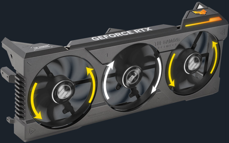 Frente de la ASUS TUF Gaming GeForce RTX™ 4080 16GB GDDR6X mostrando la dirección de giro individual de los ventiladores