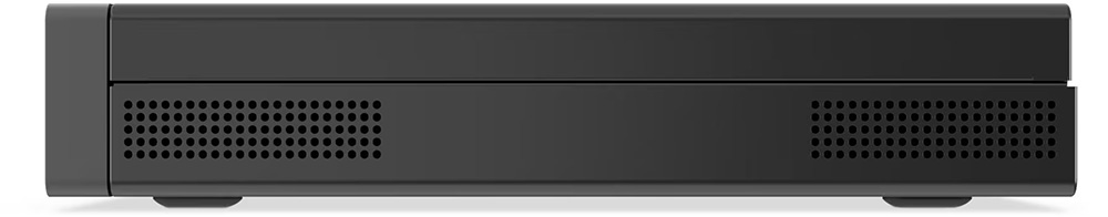 Vista lateral de la computadora de escritorio ultrapequeña Lenovo ThinkCentre neo 50q Gen 5. Muestra las rejillas de ventilación y las patas de apoyo en la parte inferior.