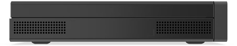 Vista lateral de la computadora de escritorio ultrapequeña Lenovo ThinkCentre neo 50q Gen 5. Muestra las rejillas de ventilación y las patas de apoyo en la parte inferior.