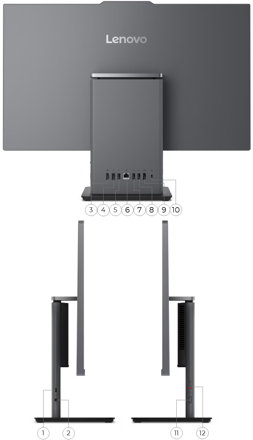 Vistas laterales y Trasera de la Lenovo ThinkCentre neo 55a 24 Gen 6 con números que señalan diferentes puertos y botones. del 1 al 12