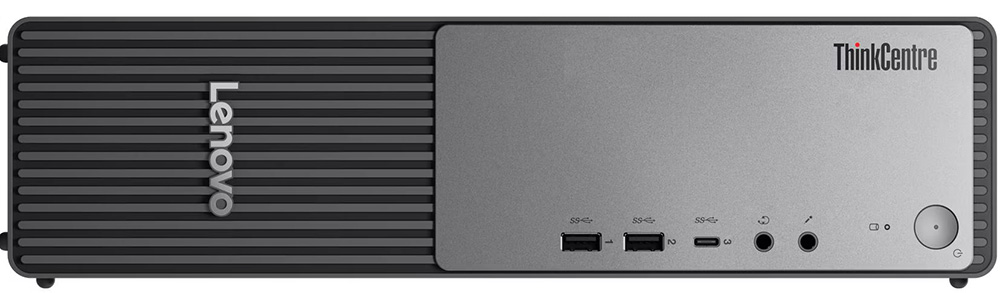 Vista frontal horizontal del gabinete Lenovo ThinkCentre neo 55s Gen 6. Muestra los puertos frontales USB-A USB-C y jacks de audio y el botón de encendido. La mitad izquierda es negra con el logo Lenovo y la derecha gris con el logo ThinkCentre.