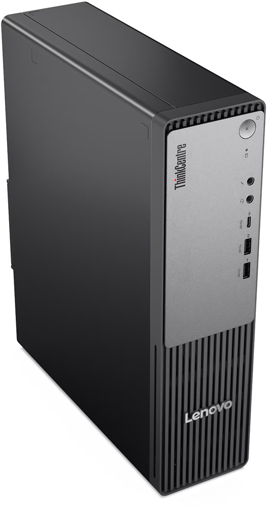 Computadora de escritorio Lenovo ThinkCentre neo 55s Gen 6 en formato torre SFF pequeña vista en ángulo mostrando los laterales negros y el panel frontal gris y negro. Se aprecian los puertos de conexión frontal y el botón de encendido.