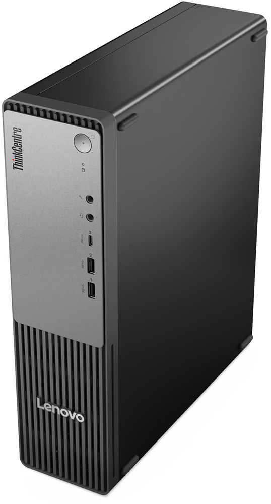 Computadora de escritorio Lenovo ThinkCentre neo 55s Gen 6 en formato torre SFF pequeña vista en ángulo desde arriba mostrando el panel frontal gris y negro con los logos ThinkCentre y Lenovo. Se aprecian claramente los puertos frontales y el botón de encendido.