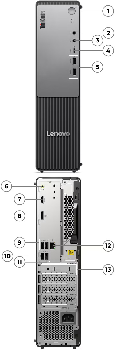 Diagrama del frente y la parte trasera de la computadora de escritorio Lenovo ThinkCentre neo 55s Gen 6 con números. Muestra los puertos frontales 1 Botón de encendido 2 Jack de micrófono 3 Jack combinado de auriculares y micrófono 4 Puerto USB-C 5 Dos puertos USB-A y los puertos traseros 6 Salida de audio 7 HDMI 8 DisplayPort 9 Dos puertos USB-A de alta velocidad 10 USB-A con Smart Power On 11 USB-A 12 Ethernet 13 Puertos opcionales