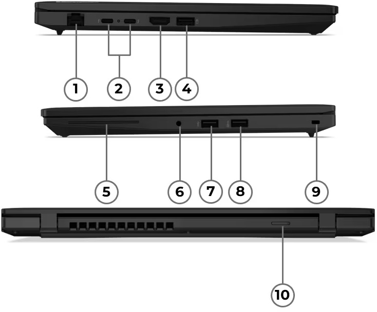 Vistas laterales de la Notebook Lenovo ThinkPad L14 Gen 6 (AMD), de color negro, enumerando los puertos del 1 al 10