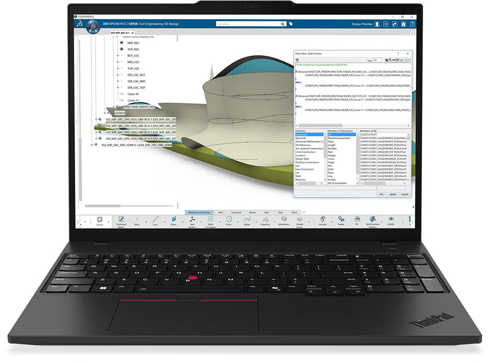 Notebook Lenovo ThinkPad P16s Gen 4 (AMD) abierta con pantalla mostrando un modelo 3D y teclado con TrackPoint rojo