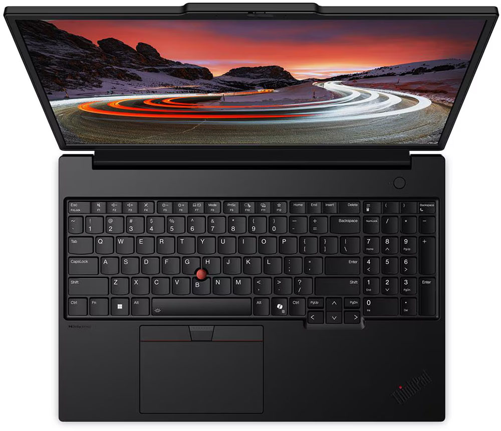 Notebook Lenovo ThinkPad P16s Gen 4 abierta vista desde arriba, con teclado numérico, TrackPoint rojo y pantalla con imagen de una ruta