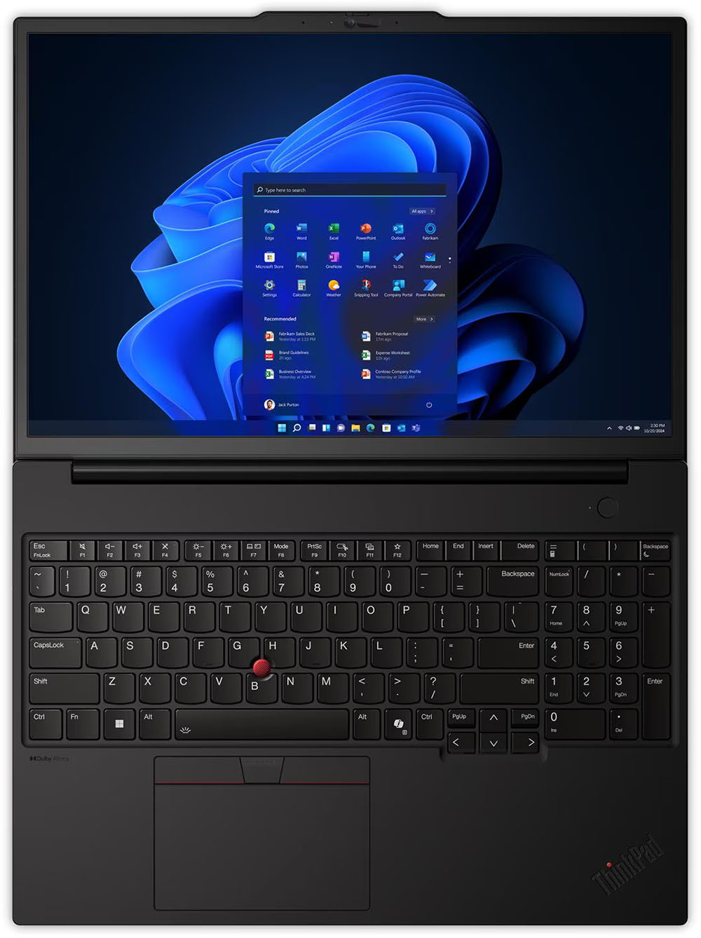 Notebook Lenovo ThinkPad P16s Gen 4 abierta con pantalla Windows 11, teclado numérico, TrackPoint rojo y touchpad amplio