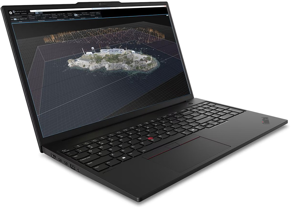 Notebook Lenovo ThinkPad P16s Gen 4 abierta con pantalla mostrando un modelo 3D y teclado con TrackPoint rojo