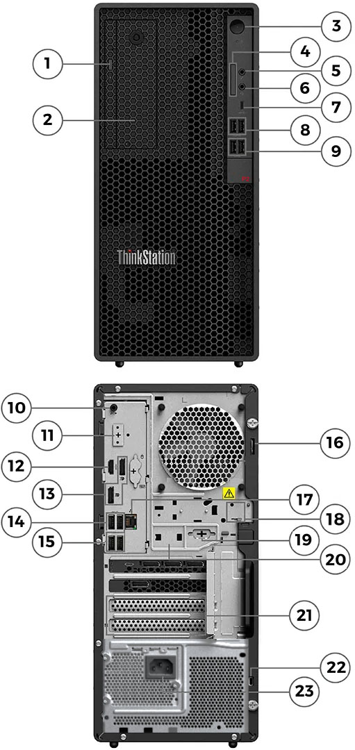 Vista frontal y trasera de la ThinkStation P2 Tower Gen 2 con etiquetas numeradas del 1 al 23 que señalan sus puertos y componentes: en el frente se destacan el botón de encendido, lector de tarjetas, conectores de audio y puertos USB; en la parte posterior se ubican las salidas de video, puertos USB adicionales, puerto Ethernet, ranuras de expansión y la conexión de alimentación.