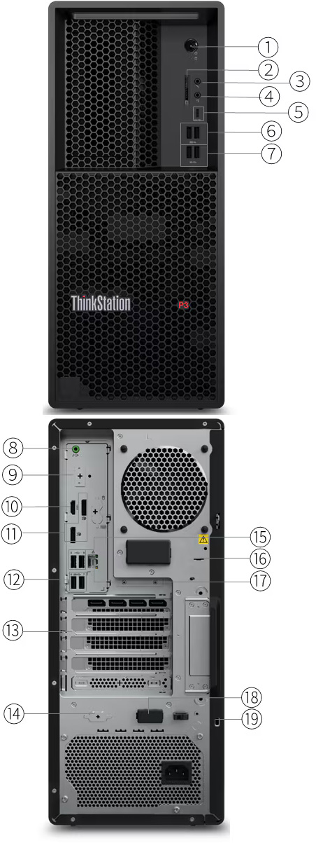 Vista frontal y trasera de la ThinkStation P3 Tower Gen 2 con etiquetas numeradas del 1 al 19 que señalan sus puertos y componentes.