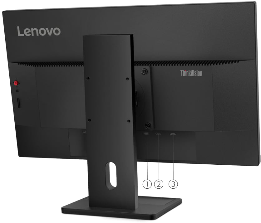 Vista trasera del Monitor Lenovo ThinkVision E24-30 enumerando los puertos del 1 al 3