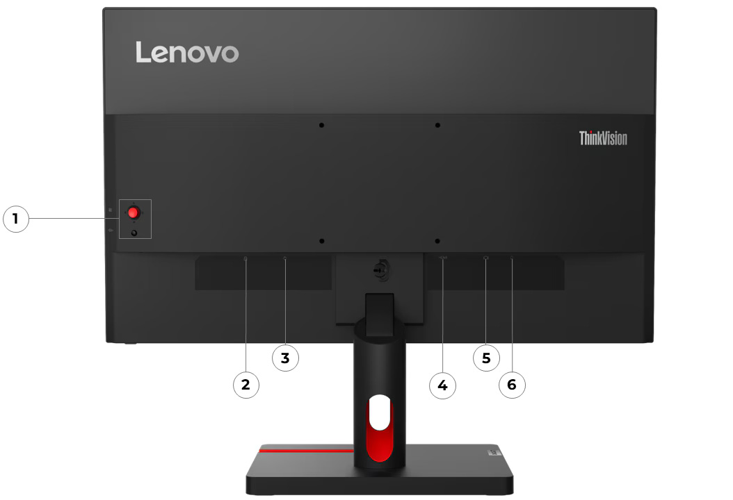 Vista trasera del Monitor Lenovo ThinkVision S22i-30 enumerando los puertos y botones de control. del 1 al 6