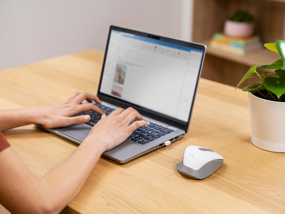 Una persona utilizando una computadora portátil sobre un escritorio de madera, con una planta en maceta verde al lado y un Mouse inalámbrico recargable Trust Ozaa color Blanco.