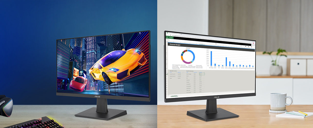Monitor ASUS VA27EHF Eye Care Gaming mostrando escenas de gaming y productividad en dos escritorios distintos
