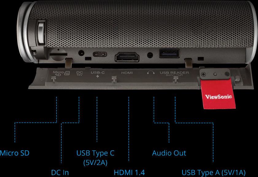 Detalles del Proyector Portátil Smart LED ViewSonic M1+ con altavoces Harman Kardon®, Conectores de E/S externos y traseros