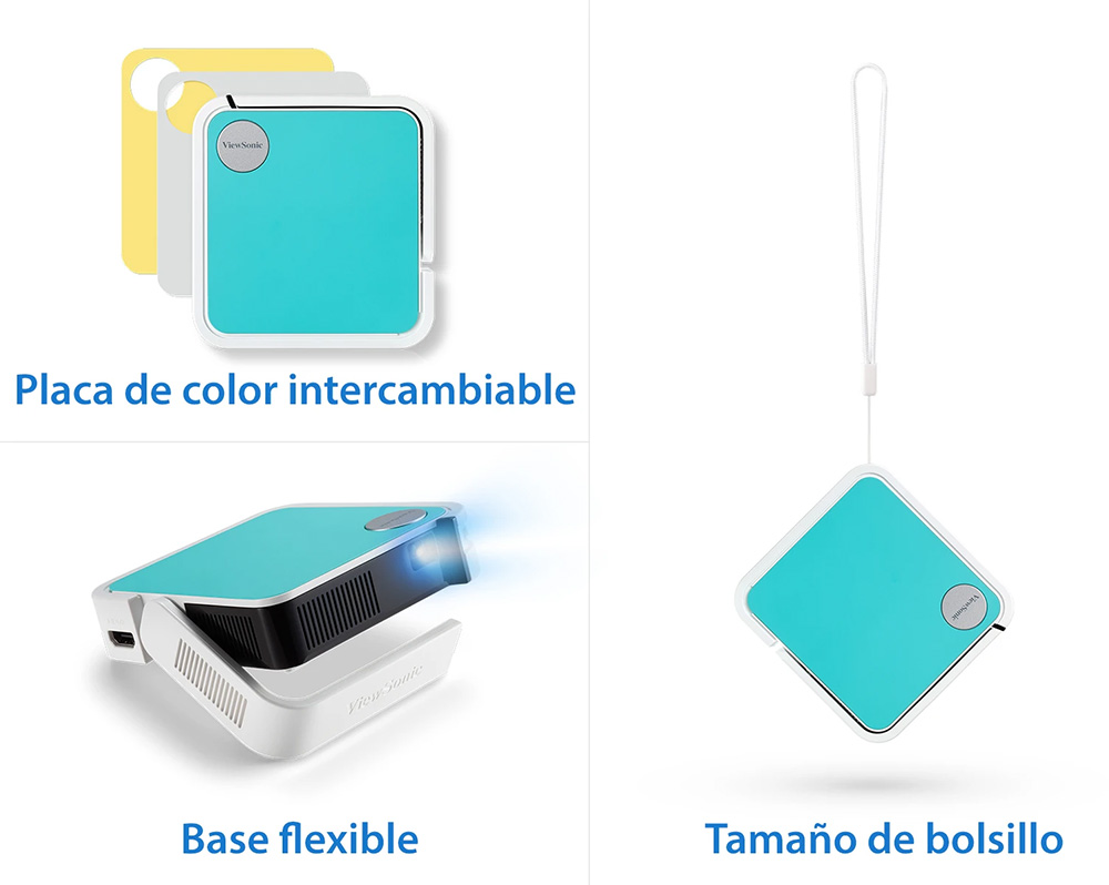 Proyector de bolsillo LED Viewsonic M1 mini, Placa de color intercambiable, Base flexible, Tamaño de bolsillo