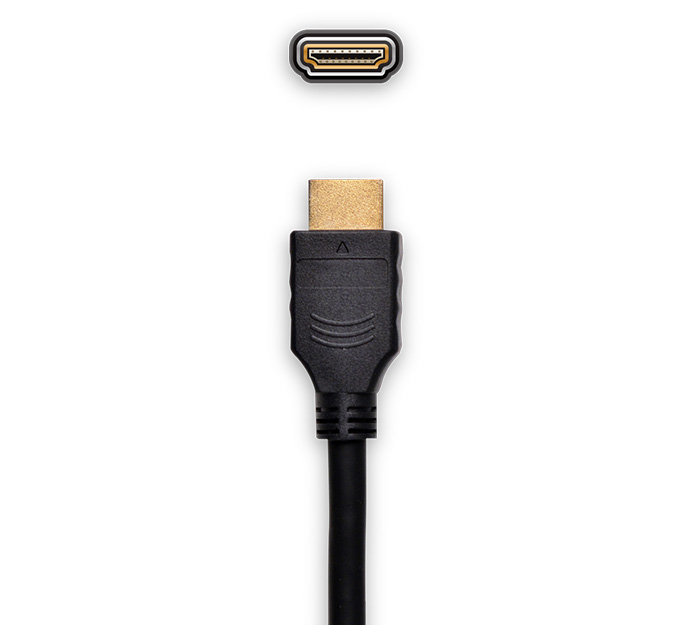 Cable HDMI con conector dorado e ícono de puerto HDMI sobre fondo blanco