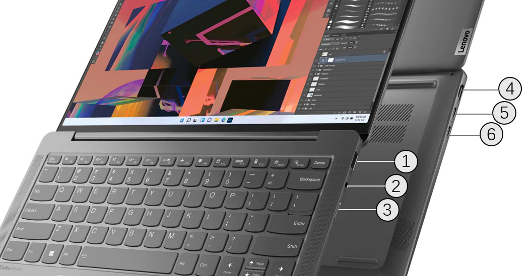 Vistas de la Notebook Lenovo Yoga Slim 6 14IRH8 enumerando los puertos del 1 al 6